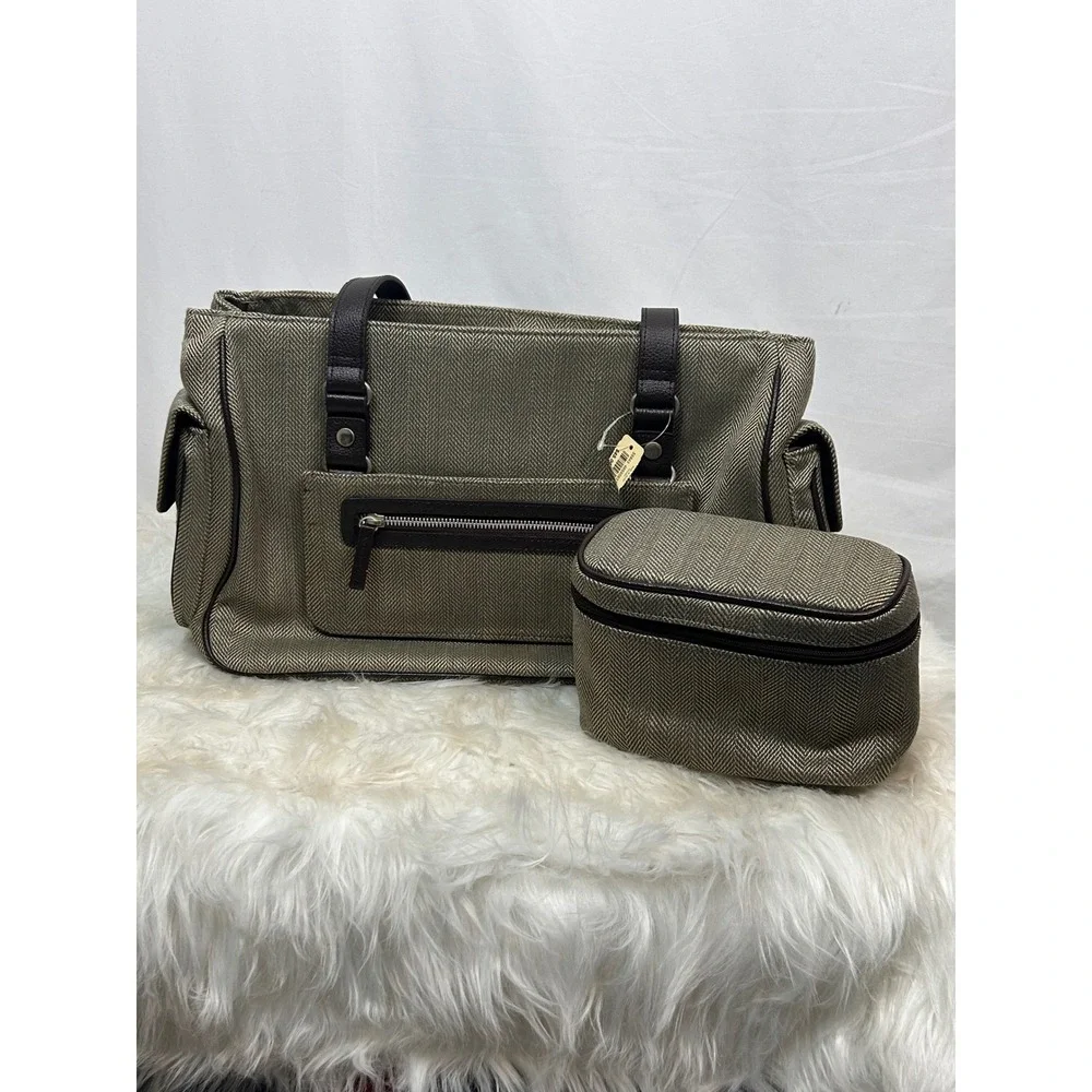 Herringbone Travel Tote Bag and Matching Cosmetic Case Set Brown Tan New